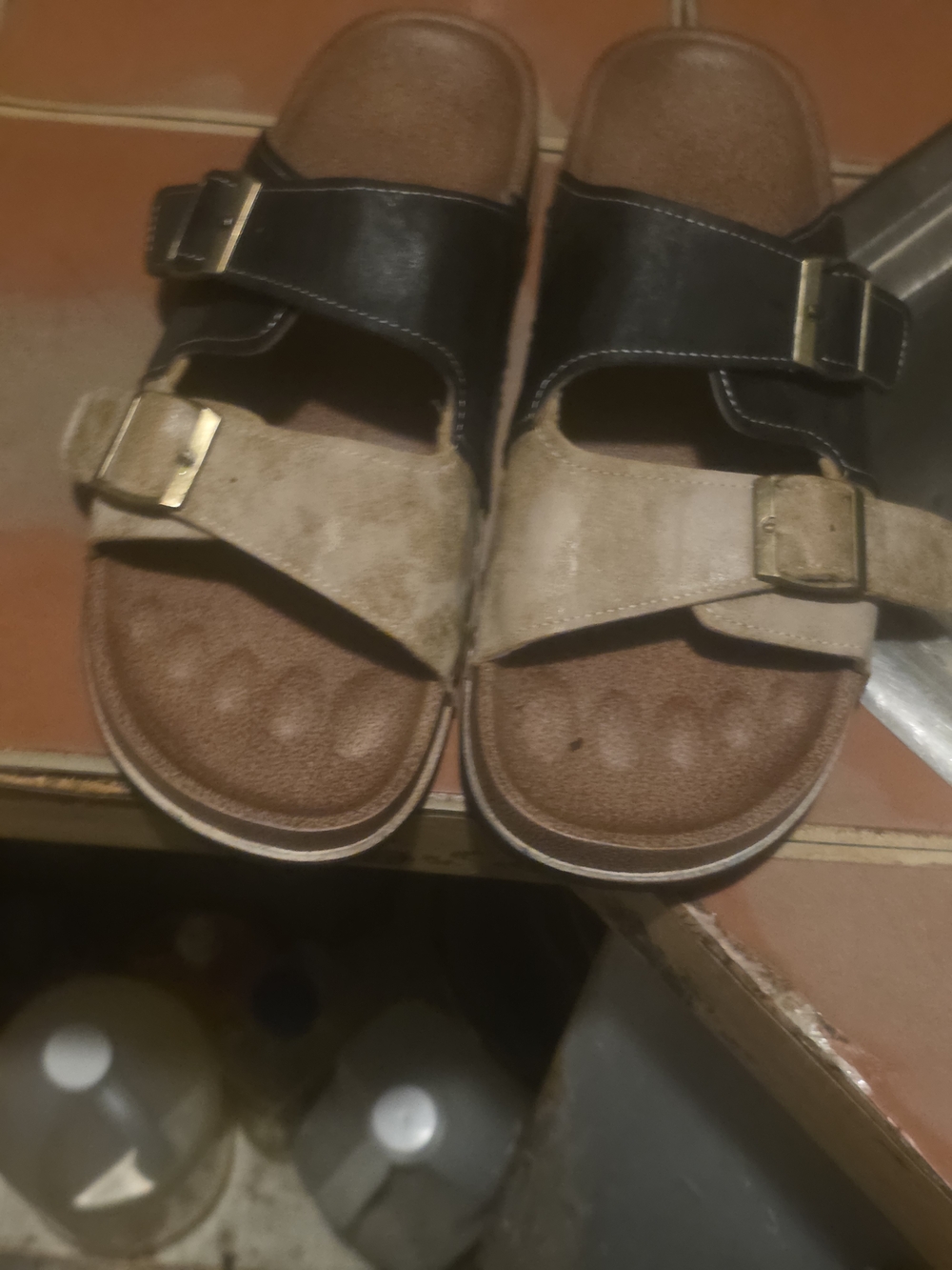 Kids Two-Tone Buckle Slide Sandals - Black & Beige